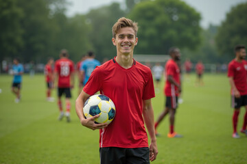 photo of teenage youth soccer player at soccer field, generative AI