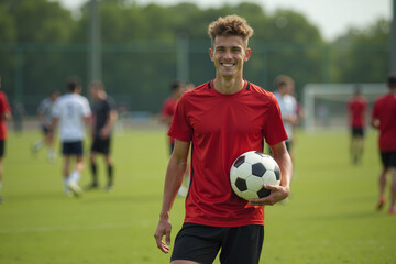 photo of teenage youth soccer player at soccer field, generative AI