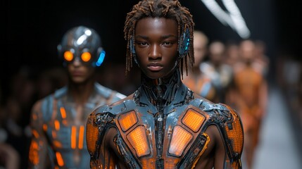 Fototapeta premium Stunning models showcase intricate, high-tech designs that blend style and technology, captivating the audience with their bold looks
