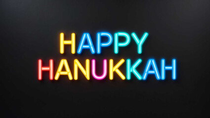 happy hanukkah colorful neon lettering on plain dark black background