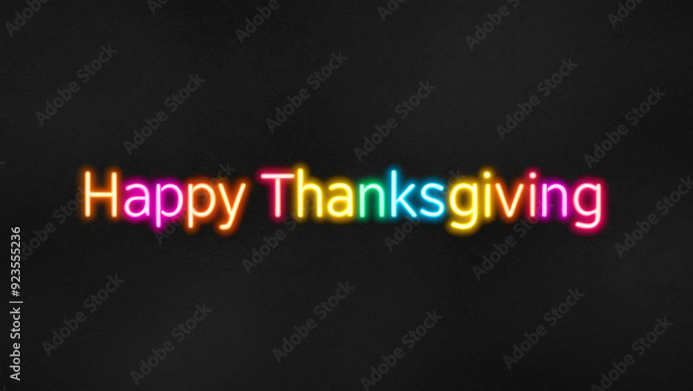 Wall mural happy thanksgiving colorful neon lettering on plain dark black background