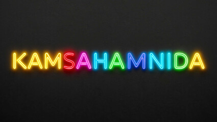 Obraz premium kamsahamnida colorful neon lettering on plain dark black background