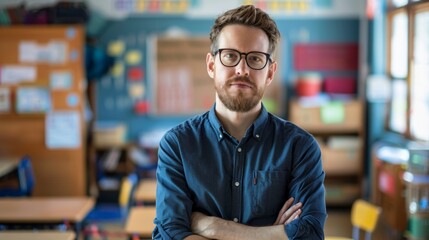 Fototapeta premium Photo of handsome American male teacher wearing glasses standing in classroom, classroom background blurred.