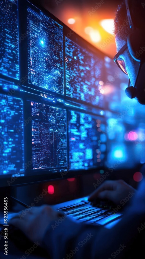 Poster cybersecurity expert monitoring malware detection dashboard, cybersecurity, detection