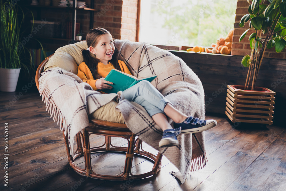 Poster Photo of pretty cheerful little lady wear yellow pullover smiling enjoying fairytale indoors room home house