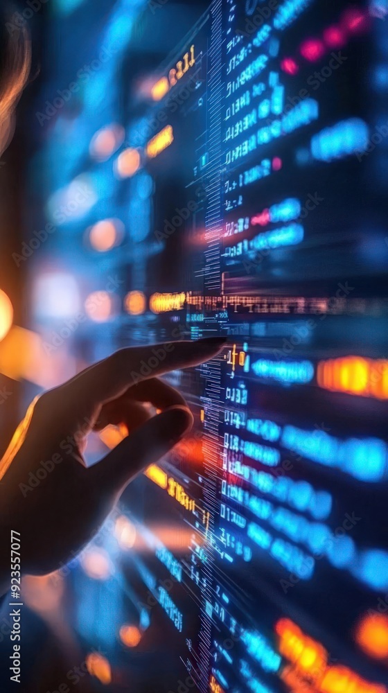 Poster data analyst monitoring malware activity on a virtual interface, cybersecurity, protection