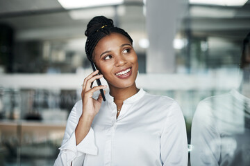 Phone call, communication and black woman in office for business investment growth with profit....