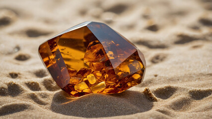 Amber gemstone with insect inclusion resting on sand dunes under natural sunlight in a desert setting.