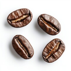 On a transparent background, falling coffee beans are isolated