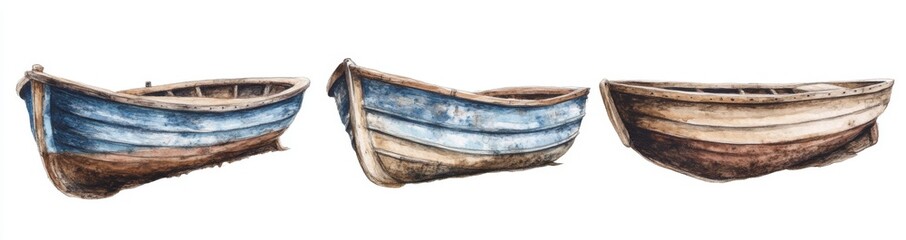 On a white background, a collection of traditional boats