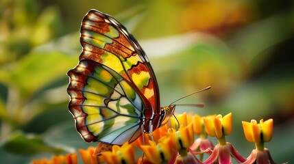 butterfly on a vibrant flower with its wings open to reveal intricate patterns and colors set against a blurred background