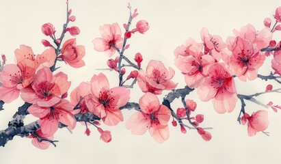 Watercolor Painting of Pink Cherry Blossoms