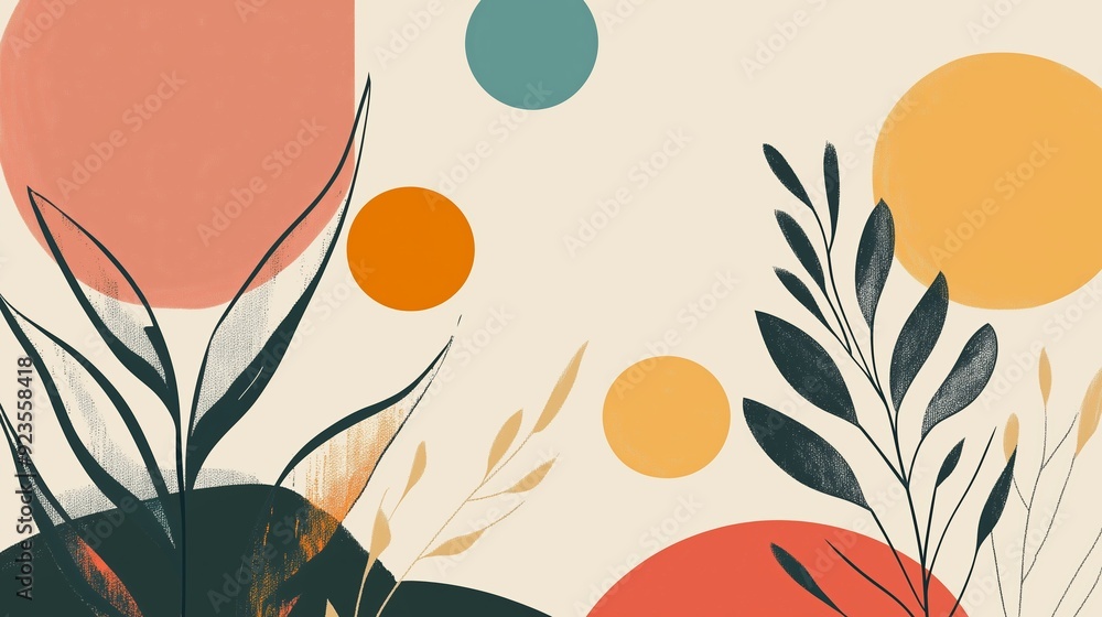 Poster abstract design featuring colorful shapes and botanical elements on a light background