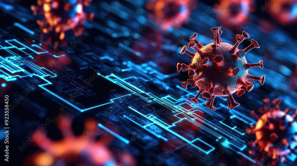 Poster digital interface showing malware response protocols in action, cybersecurity, protection