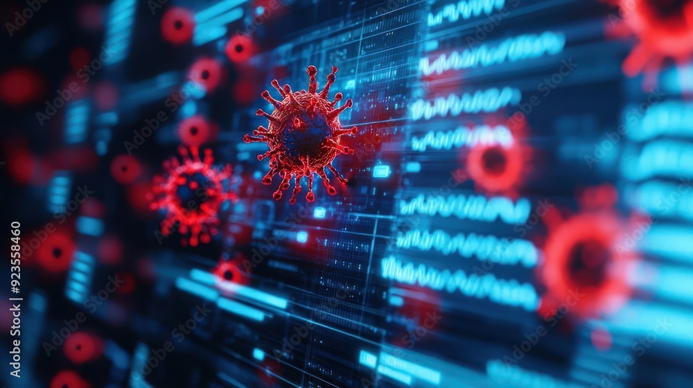 Poster digital interface showing malware response protocols in action, cybersecurity, protection