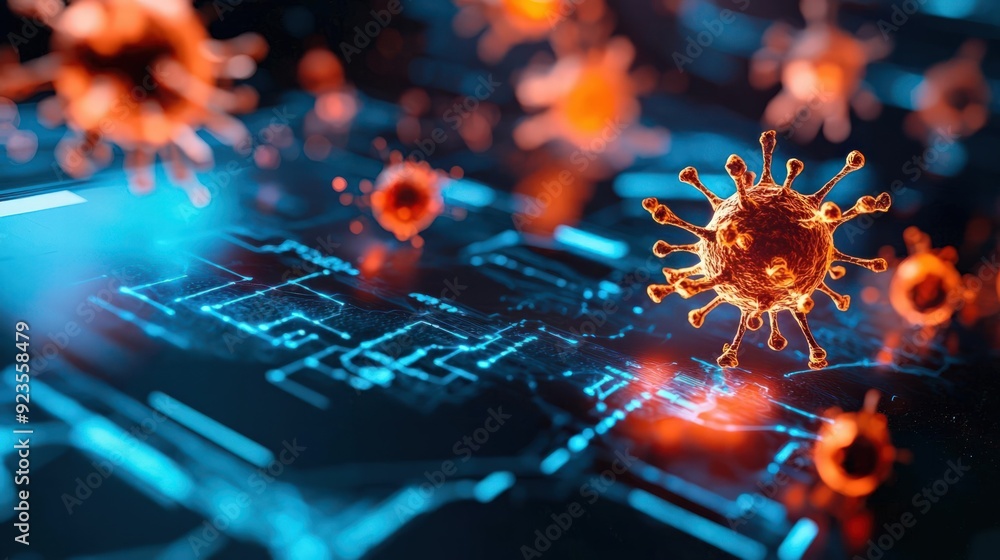 Poster digital interface showing malware response protocols in action, cybersecurity, protection