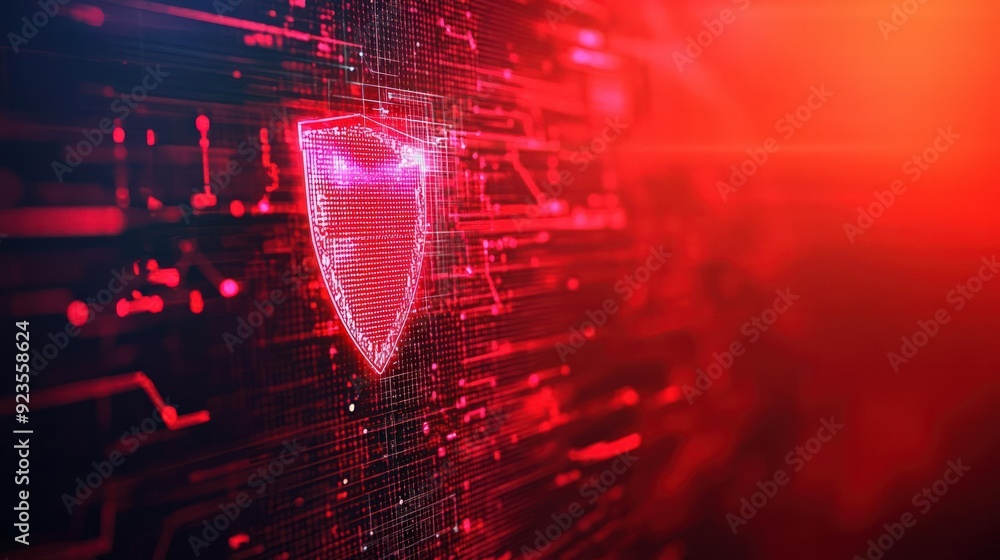 Poster digital shield blocking malware attacks in realtime, cybersecurity, prevention