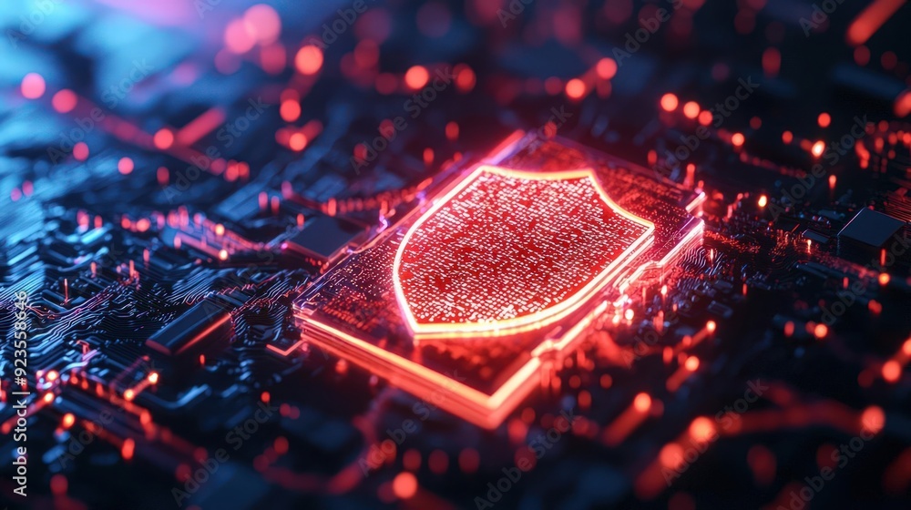 Poster digital shield blocking malware attacks in realtime, cybersecurity, prevention