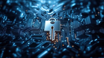 Digital lock and key with firewall motifs, cybersecurity, protection