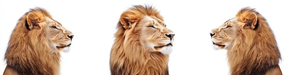 Fototapeta premium Set of close-up majestic African lion faces, isolated on transparent background