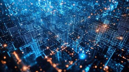 Obraz premium Futuristic cityscape with active malware detection grids, cybersecurity, protection