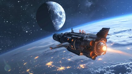 Spaceship flies over planet with moon, showcasing futuristic scene with detailed illustration of...