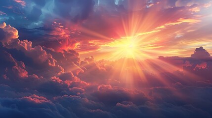 Bright sunrise over colorful clouds at dawn illuminating the sky with warm hues