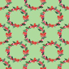 Vector seamless pattern with Multicolored Christmas round wreaths with bows, green leaves and holly berries on a green background.