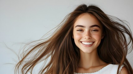 Fototapeta premium Beautiful young woman with long flowing hair, radiant smile, white background, copy space for text, hair in motion, soft natural lighting, glowing skin, white casual top, carefree expression.