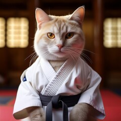 道場で正座する空手家の茶トラ猫(Tabby)