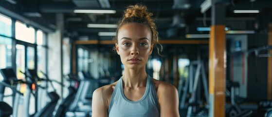 Obraz premium Serious young woman in grey tank top stands in gym with exercise equipment like treadmills and cycling machines in blurred background.