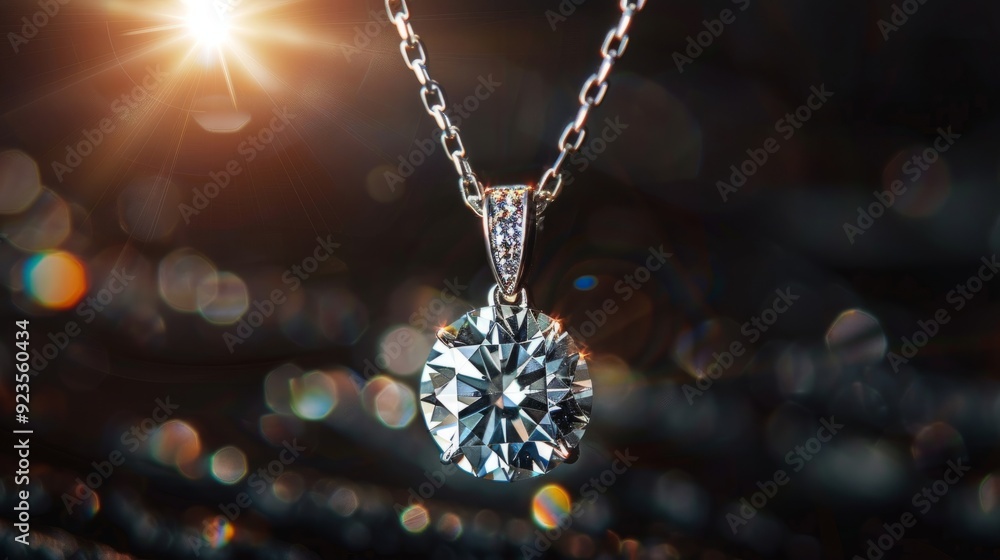 Poster close-up of a sparkling diamond pendant on a delicate chain with a soft background light