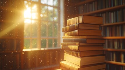 Bright library interior, stacks of books, sunbeam streaming through window, golden hour lighting, dust particles in the air, soft focus background, crisp foreground detail, vibrant book spines.