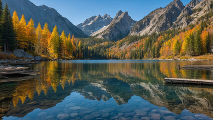 Obraz premium Mountain lake surrounded by forests with autumn colors and reflections of peaks in crystal-clear water.