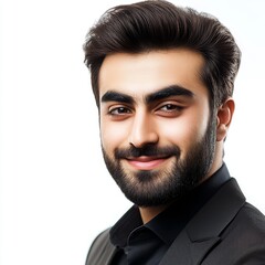 Fototapeta premium A smiling young man posing for a headshot face forward on a transparent background.