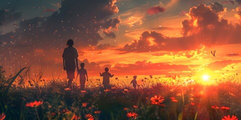 Fototapeta premium Illustration of Father and Child on a Flower Meadow, Harmonious Wallpaper