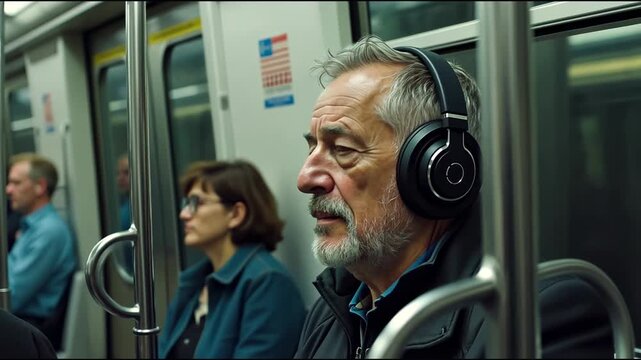 A man wearing headphones is sitting on a subway train. The man is wearing a black jacket and a gray hat. The train is crowded with people