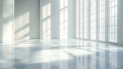Bright minimalist interior, white marble floor, tall windows, dramatic shadow patterns, sunlight streaming in, clean architectural lines, empty spacious room, modern design.