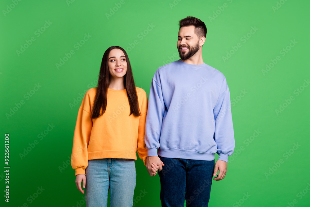 Canvas Prints Photo of happy charming couple wear stylish sweatshirt look each other isolated on green color background