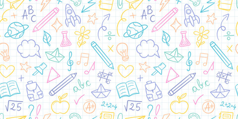 Pastel school banner, vector repeat backgorund with school supply doodles, white