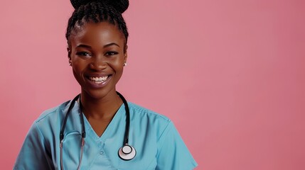 A healthcare worker with a stethoscope beams happily, showcasing a positive attitude in a vibrant setting