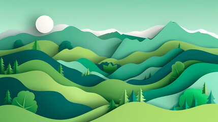 Obraz premium Green nature mountains landscape.3d Paper cut abstract minimal nature scene, template background.Vector illustration.