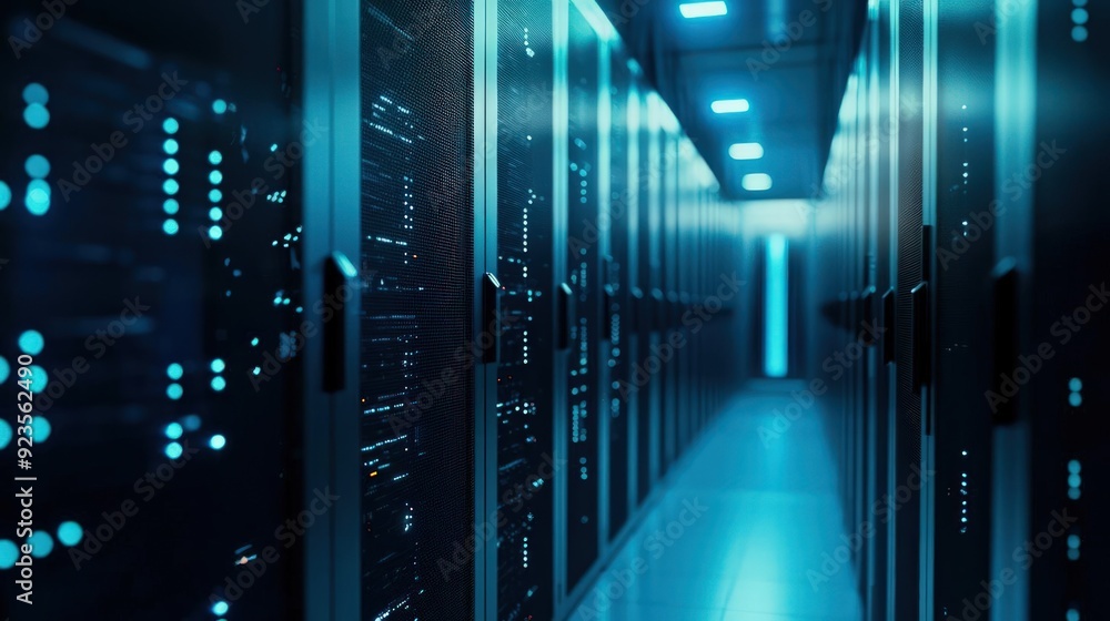 Poster server room with advanced malware detection systems, cybersecurity, monitoring