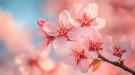 Obraz premium Delicate cherry blossom tree, soft pink petals, clear blue sky background, macro photography, natural spring scene, shallow depth of field, blooming flowers, botanical detail.