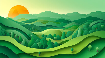 Obraz premium Green nature mountains landscape.3d Paper cut abstract minimal nature scene, template background.Vector illustration.