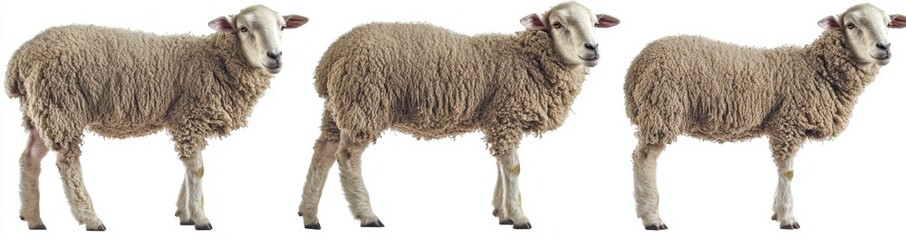 Standing group of sheep and lambs against a white background