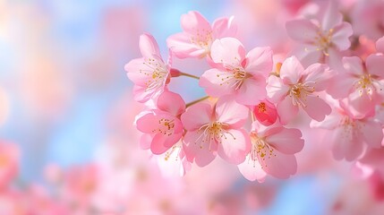 Naklejka premium Delicate cherry blossom tree, soft pink petals, clear blue sky background, macro photography, natural spring scene, shallow depth of field, blooming flowers, botanical detail.