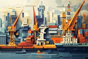 Colorful low-poly illustration of a busy port with cranes and ships, showcasing industrial and marine activity in a geometric style.