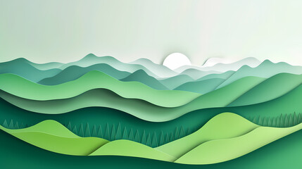 Obraz premium Green nature mountains landscape.3d Paper cut abstract minimal nature scene, template background.Vector illustration.