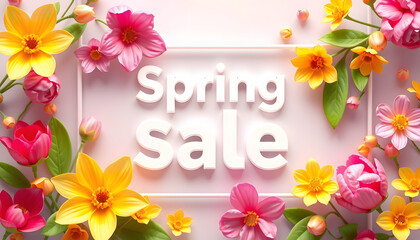 3d Rendering. Spring sale banner with beautiful colorful flower. Can be used for template, banners, wallpaper, flyers, invitation, posters, brochure, voucher discount isolated with white highlights,